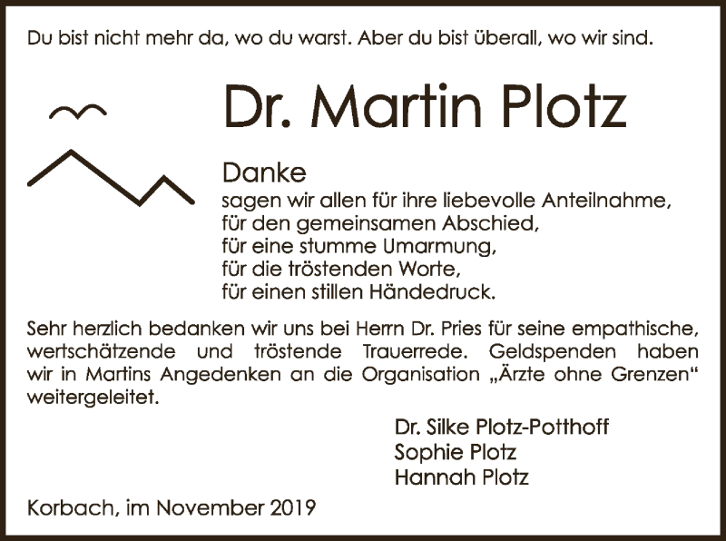  Traueranzeige für Martin Plotz vom 16.11.2019 aus WLZ