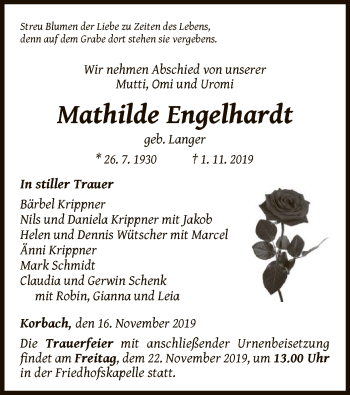 Traueranzeige von Mathilde Engelhardt von WLZ