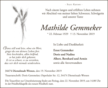 Traueranzeige von Mathilde Gemmeker von WLZ