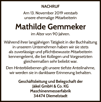 Traueranzeige von Mathilde Gemmeker von WLZ
