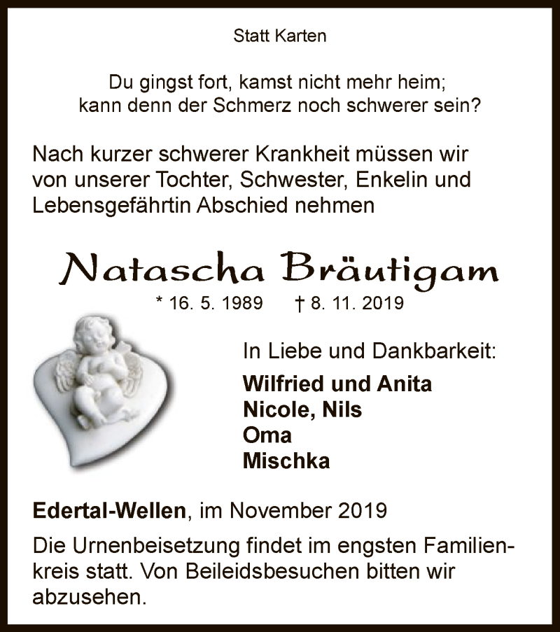  Traueranzeige für Natascha Bräutigam vom 13.11.2019 aus WLZ