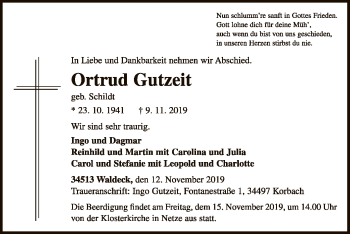 Traueranzeige von Ortrud Gutzeit von WLZ