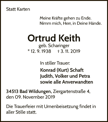 Traueranzeige von Ortrud Keith von WLZ