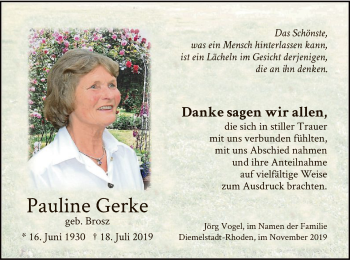 Traueranzeige von Pauline Gerke von WLZ