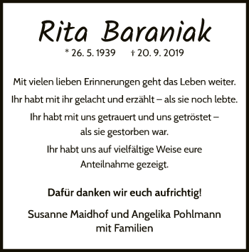 Traueranzeige von Rita Baraniak von WLZ