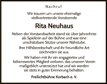 Traueranzeige von Rita Neuhaus von WLZ