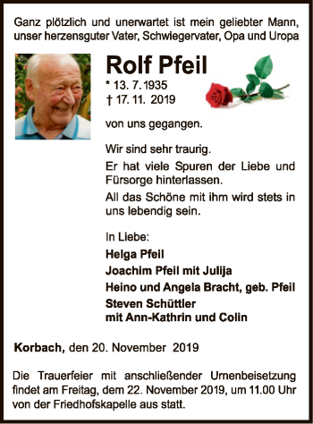 Traueranzeige von Rolf Pfeil von WLZ