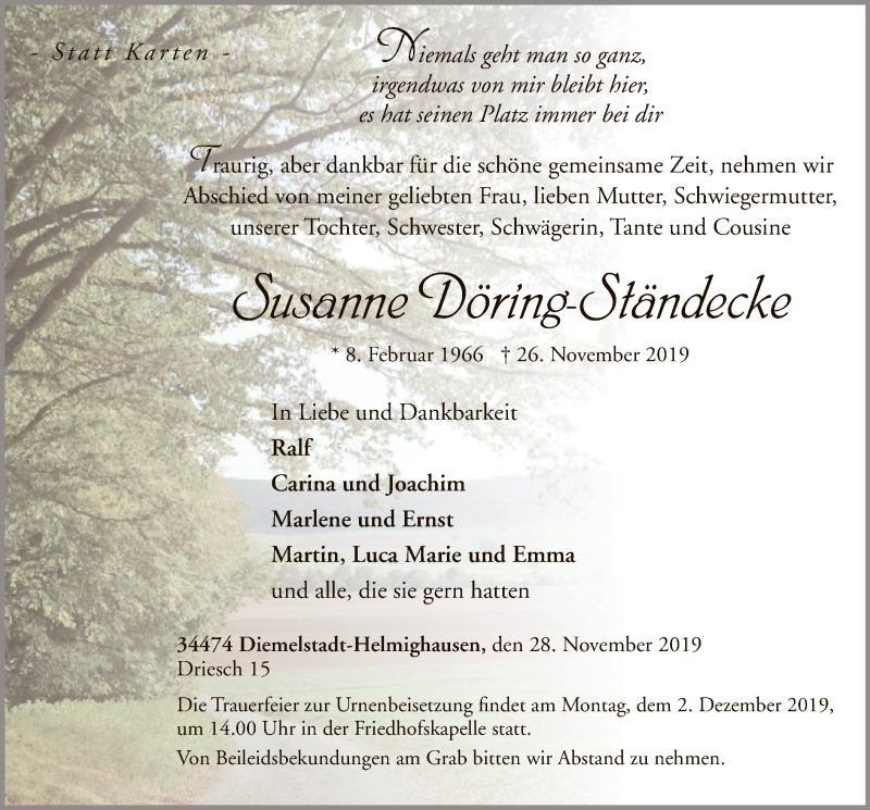  Traueranzeige für Susanne Döring-Ständecke vom 28.11.2019 aus WLZ