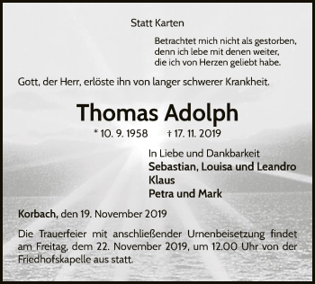 Traueranzeige von Thomas Adolph von WLZ