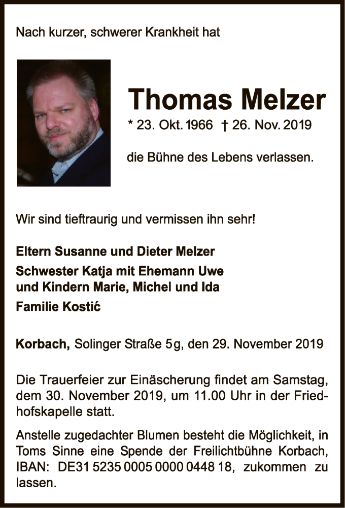  Traueranzeige für Thomas Melzer vom 29.11.2019 aus WLZ