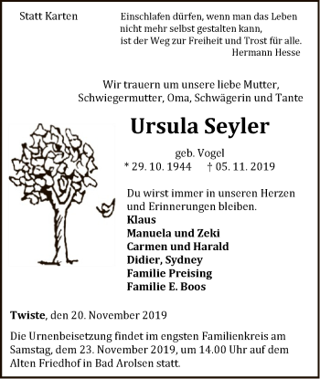 Traueranzeige von Ursula Seyler von WLZ