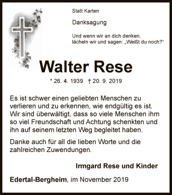 Traueranzeige von Walter Rese von WLZ