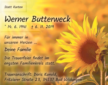 Traueranzeige von Werner Butterweck von WLZ