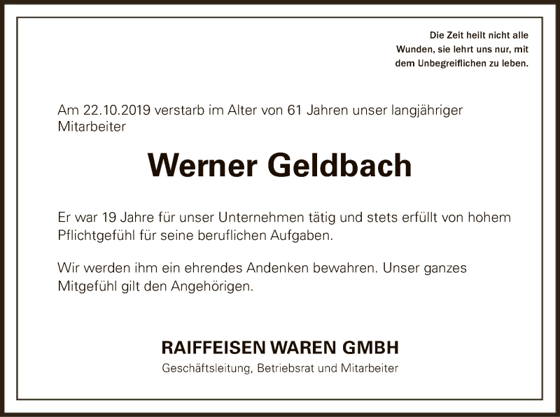  Traueranzeige für Werner Geldbach vom 01.11.2019 aus WLZ