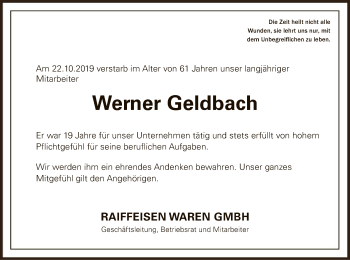 Traueranzeige von Werner Geldbach von WLZ