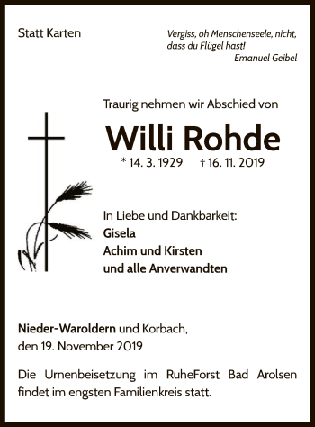 Traueranzeige von Willi Rohde von WLZ