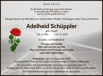 Traueranzeige von Adelheid Schüppler von WLZ