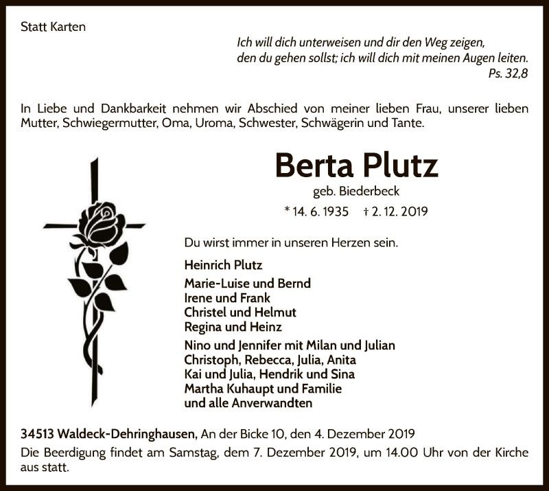  Traueranzeige für Berta Plutz vom 04.12.2019 aus WLZ