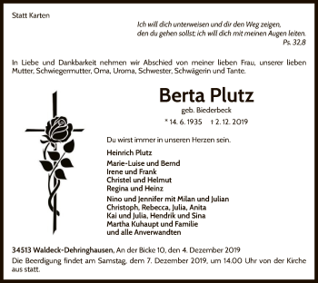 Traueranzeige von Berta Plutz von WLZ