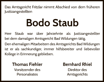 Traueranzeige von Bodo Staub von WLZ