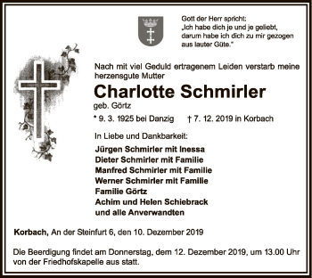 Traueranzeige von Charlotte Schmirler von WLZ