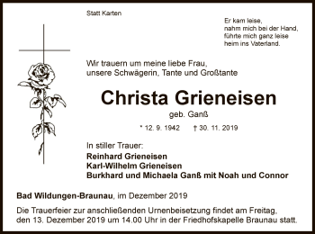 Traueranzeige von Christa Grieneisen von WLZ