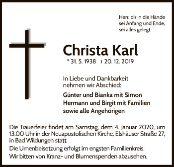 Traueranzeige von Christa Karl von WLZ