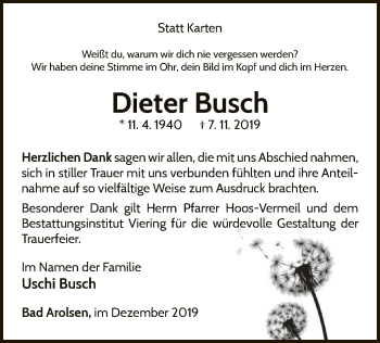 Traueranzeige von Dieter Busch von WLZ