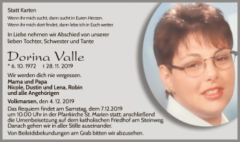 Traueranzeige von Dorina Valle von WLZ