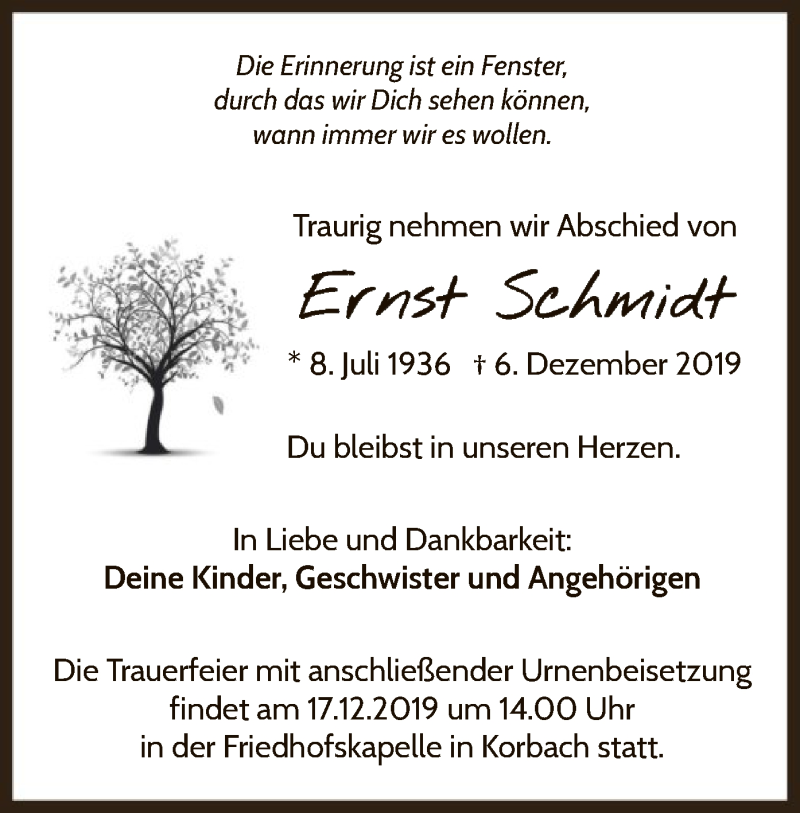  Traueranzeige für Ernst Schmidt vom 14.12.2019 aus WLZ
