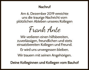 Traueranzeige von Frank Ante von WLZ
