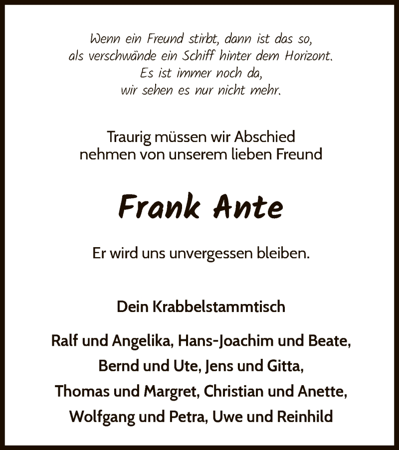 Traueranzeige für Frank Ante vom 12.12.2019 aus WLZ