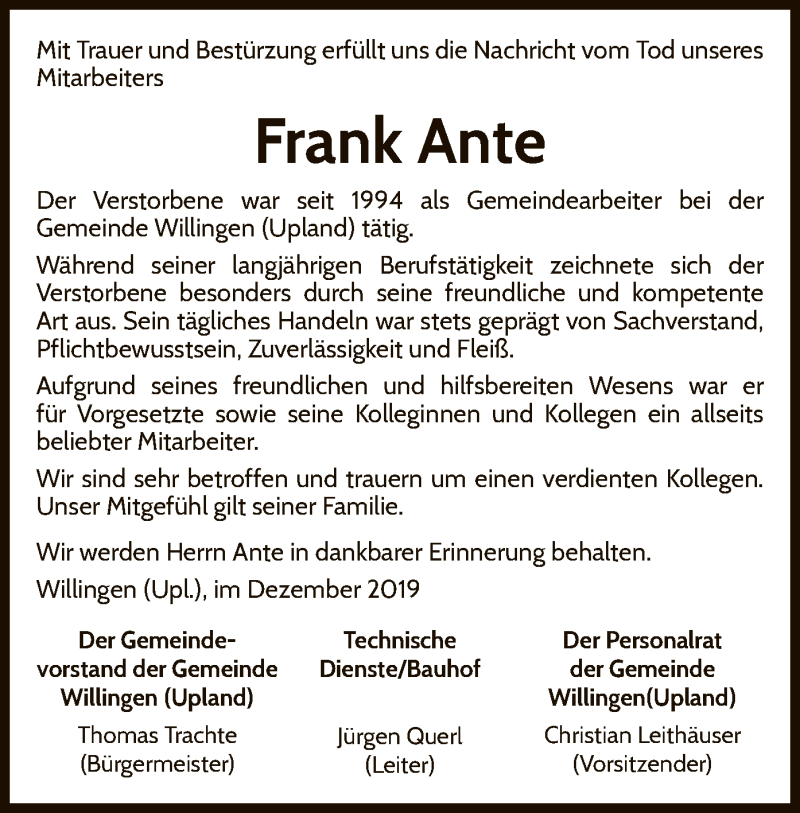  Traueranzeige für Frank Ante vom 13.12.2019 aus WLZ