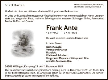 Traueranzeige von Frank Ante von WLZ