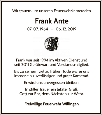 Traueranzeige von Frank Ante von WLZ
