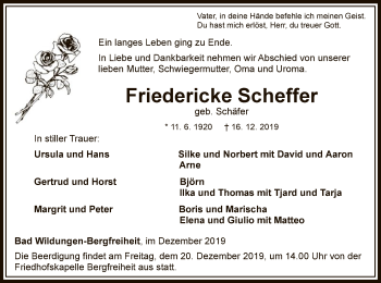 Traueranzeige von Friedericke Scheffer von WLZ