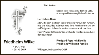 Traueranzeige von Friedhelm Wilke von WLZ
