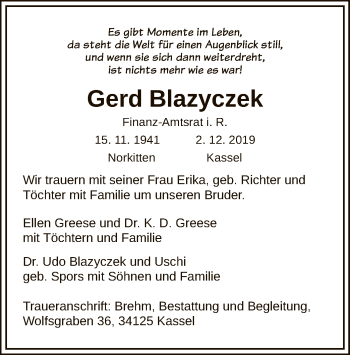 Traueranzeige von Gerd Blazyczek von WLZ