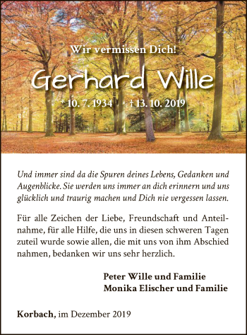 Traueranzeige von Gerhard Wille von WLZ