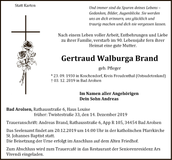 Traueranzeige von Gertraud Walburga Brand von WLZ