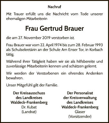 Traueranzeige von Gertrud Brauer von WLZ