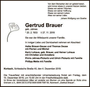 Traueranzeige von Gertrud Brauer von WLZ