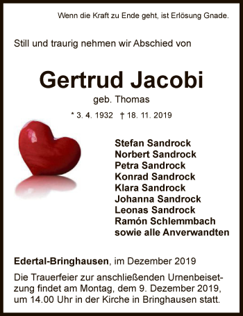 Traueranzeige von Gertrud Jacobi von WLZ