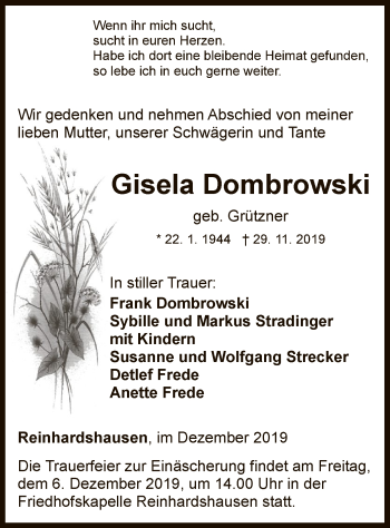 Traueranzeige von Gisela Dombrowski von WLZ