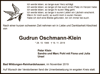 Traueranzeige von Gudrun Oschmann-Klein von WLZ