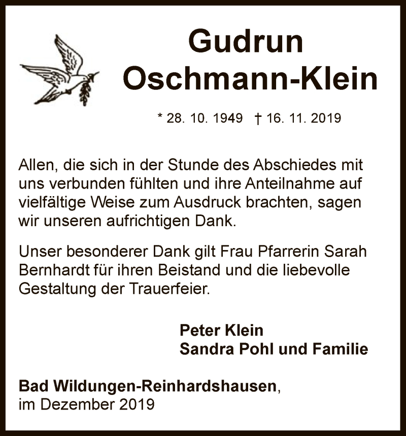  Traueranzeige für Gudrun Oschmann-Klein vom 07.12.2019 aus WLZ
