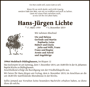 Traueranzeige von Hans-Jürgen Lichte von WLZ