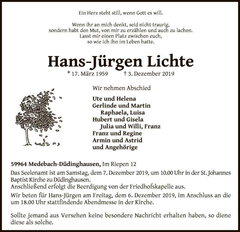  Traueranzeige für Hans-Jürgen Lichte vom 05.12.2019 aus WLZ