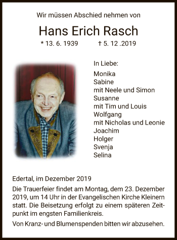 Traueranzeige von Hans Erich Rasch von WLZ