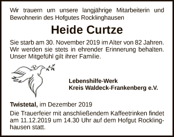 Traueranzeige von Heide Curtze von WLZ